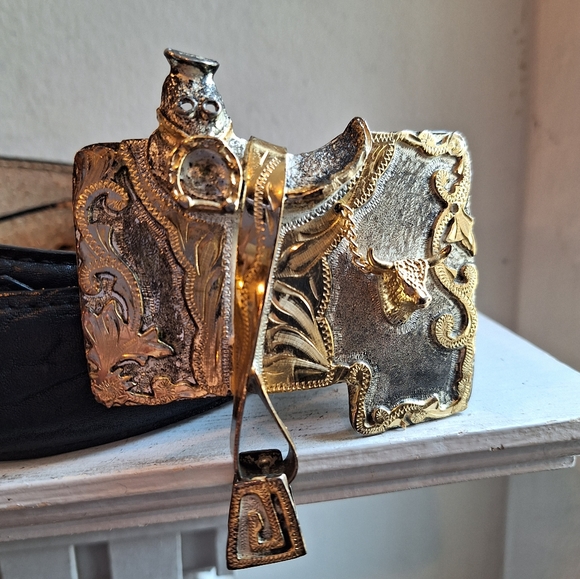 Vintage Mexican black leather belt and longhorn saddle metal belt buckle size 42 - Picture 3 of 10